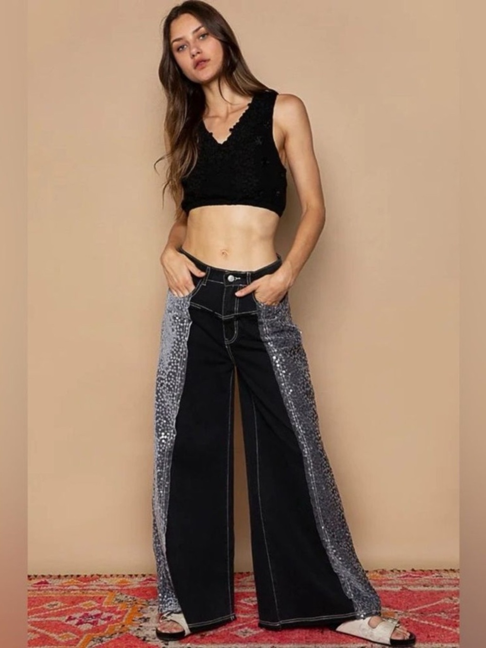 POL Jeans The City Lights Floral Sequin Wide Leg Size Small New